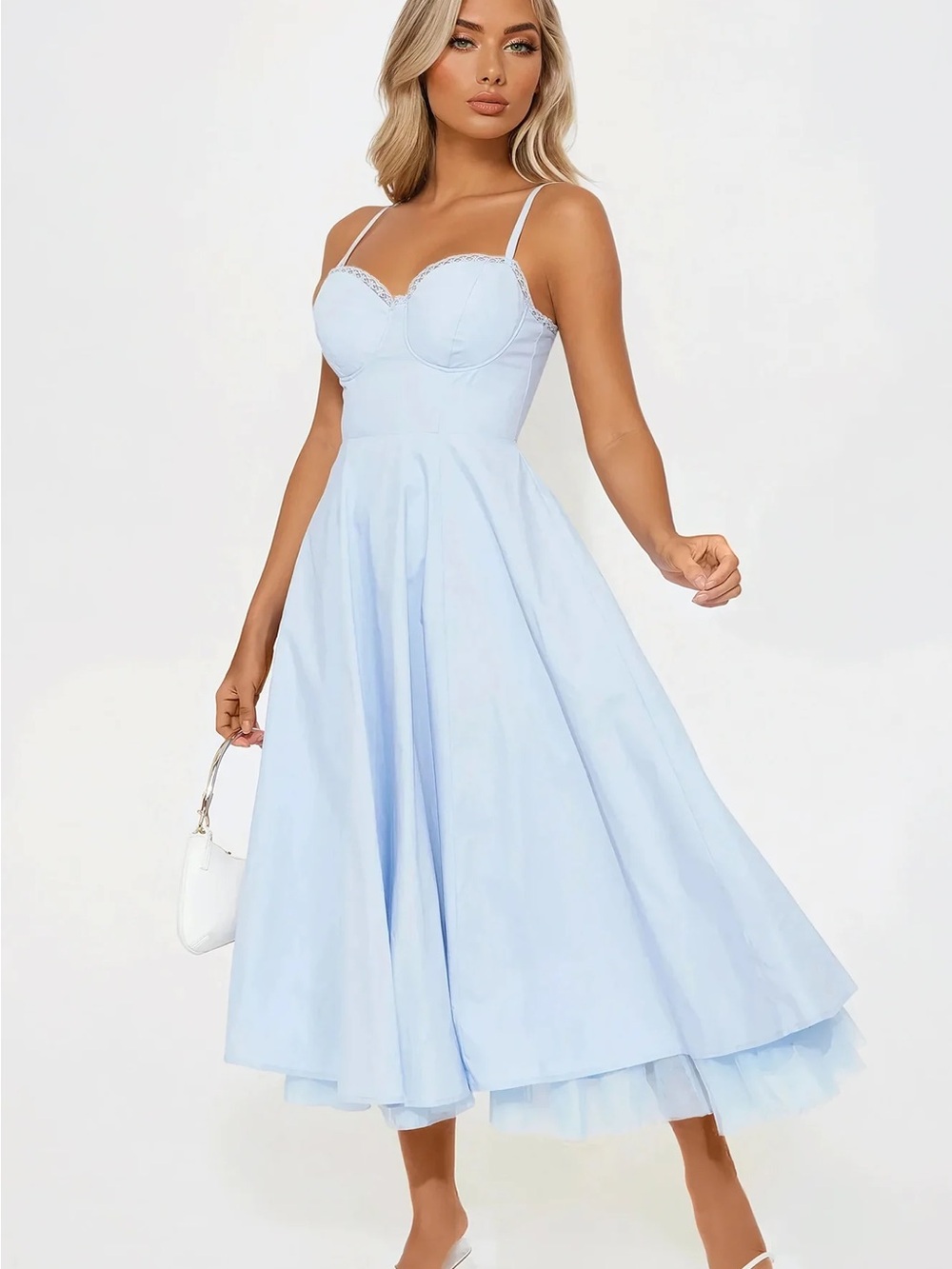 Fashion Nova Light Blue Midi Fit & Flare Spaghetti Strap Dress